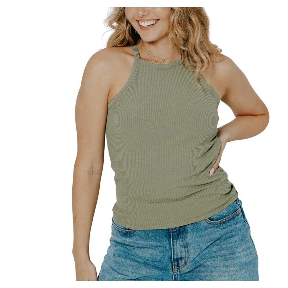 Klassy Network NWT Sz M High Neck Brami Green Built In Bra Camisole Ribbed